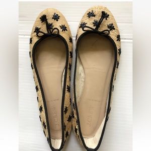 J.CREW CLASSIC STRAW BALLET FLATS 7.5 BEIGE BLACK EMBROIDERED ($185 New)
